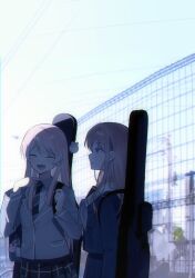 Rule 34 | 2girls, absurdres, bag, bang dream!, bang dream! it&#039;s mygo!!!!!, blue shirt, blue skirt, brown hair, chihaya anon, closed eyes, commentary, diagonal-striped clothes, diagonal-striped necktie, fang, fence, green necktie, green skirt, grey jacket, grey neckerchief, guitar case, haneoka school uniform, highres, instrument case, instrument on back, jacket, long hair, long sleeves, multiple girls, nagasaki soyo, neckerchief, necktie, open mouth, pink hair, plaid clothes, plaid skirt, pleated skirt, pointing, school uniform, shirt, skirt, striped clothes, tsukinomori school uniform, yojeong dimseom
