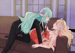 2girls ahoge aqua_eyes aqyas_muzamil blonde_hair blush clothes_grab commentary couch dress english_commentary eye_contact finana_ryugu fins fiverr_commission flower formal_clothes green_hair hair_flower hair_ornament hairband head_fins highres long_hair looking_at_another millie_parfait multicolored_hair multiple_girls necktie necktie_grab neckwear_grab nijisanji nijisanji_en on_couch pink_hair purple_eyes red_dress sequins shoulder_blush sleeveless sleeveless_dress smile streaked_hair suit virtual_youtuber white_hairband yuri