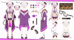 1girl at2. cloudhorizon_studios color_guide colored_inner_hair curled_horns earrings fur-trimmed_jacket fur-trimmed_shorts fur_trim glasses highleg highleg_panties hoop_earrings horns jacket jewelry jiaolian_caren leg_tattoo multicolored_hair multiple_views navel necktie off_shoulder official_art open_mouth panties pink_nails pointy_ears purple_eyes purple_hair purple_jacket purple_shorts reference_sheet second-party_source shirt short_shorts shorts sleeveless sleeveless_shirt tattoo turnaround underwear virtual_youtuber white_hair zipper