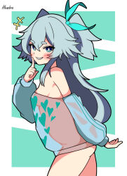 +++ 1girl absurdres aqua_background artist_name blue_eyes breasts character_request check_character finger_to_mouth florence_(girls&#039;_frontline_2) from_side girls&#039;_frontline girls&#039;_frontline_2:_exilium grey_hair grin hendra highres long_hair long_sleeves looking_at_viewer pa-15_(girls&#039;_frontline) parted_lips puffy_long_sleeves puffy_sleeves signature simple_background small_breasts smile solo teeth thick_eyebrows