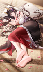 1girl absurdres akagi_(warship_girls_r) animal_ears arm_tattoo bare_shoulders blush breasts brown_eyes brown_hair brown_kimono chest_sarashi cleavage commentary day fake_animal_ears falling_petals feet full_body hair_spread_out head_on_arm highres indoors japanese_clothes kimono large_breasts light_particles light_rays light_smile long_hair looking_at_viewer lying obi on_side petals pillow print_sleeves sarashi sash sidelocks soles solo stardust_(chen&#039;ai_weiding) tatami tattoo toes two-sided_fabric two-tone_kimono very_long_hair warship_girls_r
