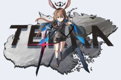 1girl amiya_(arknights) animal_ears ankle_boots anklet aqua_eyes arknights arm_up black_cape black_halo black_shirt black_shorts blue_cape blue_collar boots brown_boots brown_hair cape chinese_commentary closed_mouth collar commentary diffraction_spikes full_body grey_background hair_between_eyes halo highres jewelry long_hair looking_at_viewer magic originium_arts_(arknights) outstretched_arm outstretched_hand reaching reaching_towards_viewer ring shirt shorts sidelocks solo standing strap sword two-sided_cape two-sided_fabric weapon zobnuy