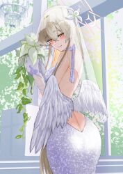 Rule 34 | 1girl, angel wings, ass, backless dress, backless outfit, bare back, blue archive, blush, bouquet, bridal veil, bride, brown eyes, brown hair, chandelier, cowboy shot, cross, dress, feathered wings, flower, flower on head, from behind, gloves, green flower, halo, holding, holding bouquet, indoors, leaf, looking at viewer, looking back, looking to the side, low wings, nagisa (blue archive), plant, red halo, scarf, sidelocks, smile, solo, sparkle print, tree, veil, vines, wedding dress, white dress, white gloves, white wings, window, wings, yutolapin