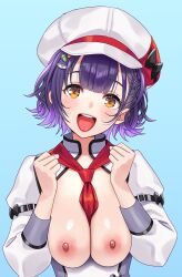 Rule 34 | 1girl, absurdres, between breasts, blue hair, blunt bangs, breasts, brown eyes, commentary request, gradient background, gradient hair, hair ornament, hands up, hat, highres, juliet sleeves, long sleeves, looking at viewer, medium breasts, multicolored hair, nanase suzuna, nanase suzuna (1st costume), necktie, necktie between breasts, nijisanji, nipples, open mouth, puffy sleeves, red necktie, short hair, simple background, smile, teeth, upper body, upper teeth only, virtual youtuber, white hat, x hair ornament, zabudog777