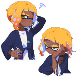 1boy absurdres arm_behind_head blonde_hair blue_haori dark-skinned_male dark_skin eyebrow_cut gradient_hair green_eyes hand_on_own_cheek hand_on_own_face hand_on_own_hip haori highres inkling inkling_boy inkling_player_character japanese_clothes looking_at_viewer male_focus multicolored_hair multiple_views nintendo orange_hair parted_lips pointy_ears shirt short_hair simple_background splatoon_(series) squiggle surume01417 tentacle_hair thick_eyebrows white_background white_shirt
