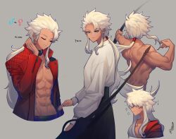1girl abs absurdres archer_(cool_and_wild)_(fate) archer_(fate) black_collar bow_(weapon) breasts closed_eyes collar commentary dark-skinned_female dark_skin fate/extra fate/stay_night fate_(series) genderswap genderswap_(mtf) highres holding holding_bow_(weapon) holding_weapon jacket long_hair male_focus medium_breasts muscular muscular_female nude ponytail red_jacket sidelocks small_breasts smile suhyeon tears weapon