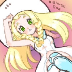 1girl absurdres arm_up armpits blonde_hair blush braid breasts collared_dress commentary_request dress eyelashes green_eyes hat highres hiyokko2min lillie_(pokemon) long_hair nintendo pokemon pokemon_sm shoes signature sleeveless sleeveless_dress socks solo sun_hat teeth translation_request twin_braids white_dress white_hat