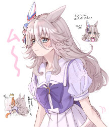 2girls absurdres akari_0313 annoyed blue_eyes blush breasts closed_mouth commentary_request cup grey_hair hair_between_eyes hair_ornament highres horse_girl horse_tail long_hair mug multiple_girls pout ribbon school_uniform small_breasts t.m._opera_o_(umamusume) tail thick_eyebrows tracen_school_uniform translation_request triangle_mouth umamusume watermark white_background wonder_acute_(umamusume)