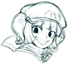 Rule 34 | 1girl, female focus, greyscale, grin, hair bobbles, hair ornament, hat, kawashiro nitori, monochrome, simple background, smile, solo, spacezin, touhou, twintails, two side up, upper body, white background