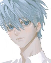 1boy blue_eyes blue_hair cat_happy12 closed_mouth collared_shirt hair_between_eyes highres kuroko_no_basuke kuroko_tetsuya looking_to_the_side male_focus portrait shirt short_hair simple_background solo white_background white_shirt wing_collar