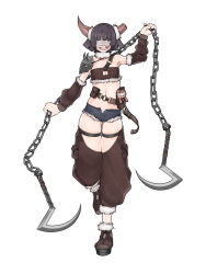 Rule 34 | 1girl, absurdres, armor, assha (schector), blindfold, blunt bangs, broken horn, brown hair, brown horns, brown pants, brown shoes, brown tube top, chain, cleavage cutout, clothing cutout, commentary request, detached pants, flat chest, full body, fur-trimmed pants, fur-trimmed shoes, fur-trimmed shorts, fur trim, grey shorts, highres, holding, holding weapon, horns, kusarigama, missing tooth, navel, open fly, open mouth, original, pants, pauldrons, shoes, short hair, short shorts, shorts, shoulder armor, sickle, simple background, single pauldron, smile, solo, spiked pauldrons, standing, standing on one leg, strapless, stuffed animal, stuffed toy, teddy bear, teeth, tube top, upper teeth only, weapon, white background