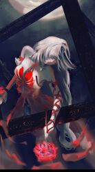 1girl absurdres bandaged_arm bandages bare_shoulders black_background breasts commentary detached_sleeves english_commentary flower grey_hair harparka highres holding holding_flower jewelry lips long_hair medium_breasts phrolova_(wuthering_waves) picture_frame purple_eyes red_nails red_sleeves single_detached_sleeve solo spider_lily tacet_mark_(wuthering_waves) wuthering_waves