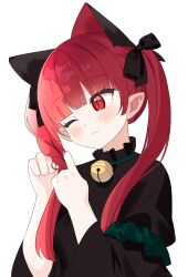 1girl animal_ears bell black_bow blunt_bangs blush bow braid cat_ears cat_girl chimi_(s2yuyukos2) extra_ears hair_bow highres kaenbyou_rin long_hair long_sleeves neck_bell one_eye_closed red_eyes red_hair side_braids simple_background slit_pupils solo touhou twin_braids tying_hair upper_body white_background