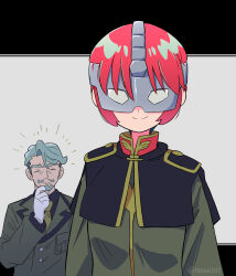 Rule 34 | 1boy, 1girl, amate yuzuriha, challia bull, char aznable, disguise, facial hair, gloves, green shirt, gundam, gundam gquuuuuux, hand on own chin, highres, long sleeves, mask, military uniform, necktie, rascal (feuille), red hair, shirt, smile, stroking own chin, white gloves, zeon