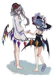 Rule 34 | 2girls, back, barefoot, bat wings, black bonnet, blue eyes, bonnet, closed mouth, commentary request, flandre scarlet, flandre scarlet (vampire pursuing the hunter), flower, frilled bonnet, frills, full body, grey hair, hair between eyes, hair flower, hair ornament, height difference, hibiscus, highres, holding hands, hua88331, long hair, looking at viewer, looking back, low wings, multiple girls, one-piece swimsuit, one side up, red eyes, red flower, remilia scarlet, remilia scarlet (tiny devil mistress), shirt, shoulder blades, siblings, simple background, single bare foot, sisters, standing, swimsuit, touhou, touhou lostword, white background, white shirt, wings
