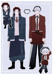 2boys :d :p ahoge alternate_costume baggy_pants bell-bottoms belt beret black_eyes black_hair black_nails blue_eyes border chibi chibi_inset coat collared_shirt contrapposto earrings full_body gradient_necktie grid_background hair_ribbon hand_on_own_elbow hat heart highres jewelry jujutsu_kaisen light_smile long_hair looking_at_another looking_at_viewer messy_hair multiple_boys multiple_views necktie ntyk_no one_eye_closed open_clothes open_coat open_mouth outline pants plaid_clothes plaid_coat red_necktie ribbon shirt short_hair skirt smile smirk sparkling_eyes spiked_hair standing starry_sky_print stud_earrings tapping_finger tongue tongue_out v vest white_hair white_outline white_shirt white_vest wide-eyed