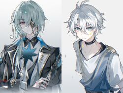 2boys anaxa_(honkai:_star_rail) black_jacket blue_eyes chain closed_mouth collarbone eyepatch highres honkai:_star_rail honkai_(series) jacket looking_at_viewer male_focus medium_hair multiple_boys one_eye_covered phainon_(honkai:_star_rail) pink_pupils shirt short_hair thorn72132528 upper_body white_background white_shirt yellow_pupils