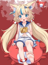 Rule 34 | 1girl, absurdres, animal ear fluff, animal ears, barefoot, blonde hair, blue eyes, blue nails, blue streaks, cat ears, crab, feet, fins, fish tail, foot out of frame, highres, holding, indie virtual youtuber, lifebuoy ornament, long hair, looking at viewer, low twintails, navel, one side up, open mouth, sailor collar, sameko saba, scrunchie, shorts, soles, solo, tail, toes, twintails, varliet, virtual youtuber, white sailor collar, white shorts, wrist scrunchie, youtube creator award