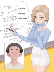 1boy android_18 blonde_hair blue_eyes blush breasts dragon_ball dragon_ball_(classic) dragon_ball_super earrings english_text heart heart-shaped_pupils highres husband_and_wife jewelry kuririn large_breasts looking_at_viewer monster_l_(hochihochiha) pencil_skirt scarf shirt short_hair simple_background skirt smile sweater symbol-shaped_pupils teacher