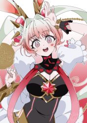Rule 34 | 1girl, animal ears, black leotard, blush, breasts, cleavage, donut hair bun, double bun, drill hair, duel monster, hair bun, highres, large breasts, leotard, maliss &lt;p&gt; white rabbit, pink background, pink hair, playboy bunny, rabbit ears, rabbit girl, red background, simple background, solo, strapless, strapless leotard, twin drills, twintails, upper body, urasuka, yu-gi-oh!