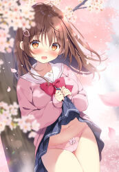 1girl :d blue_skirt blurry blurry_foreground blush bow bow_panties branch breasts brown_eyes brown_hair cameltoe commentary_request depth_of_field flower hair_between_eyes hair_ornament kokoa-chan_(pan_(mimi)) lifting_own_clothes long_sleeves looking_at_viewer medium_breasts open_mouth original pan_(mimi) panties pink_panties pink_shirt puffy_long_sleeves puffy_sleeves red_bow sailor_collar school_uniform serafuku shirt skirt sleeves_past_wrists smile solo tree underwear white_flower white_sailor_collar