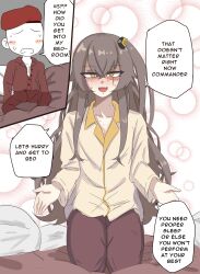 1boy 1girl bed beret blush brown_hair commander_(girls&#039;_frontline) english_text faceless faceless_male girls&#039;_frontline griffin_&amp;_kryuger_military_uniform hat highres kneeling on_bed pajamas scar scar_across_eye scar_on_face side_ponytail smart_oval speech_bubble sweat ump45_(girls&#039;_frontline) yandere yellow_eyes