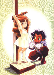 1boy 1girl akai_takami armpits barefoot bow bowtie cube_(princess_maker) dark_skin demon dress highres olive_oyl_(princess_maker_2) pointy_ears princess_maker_(series) princess_maker_2 purple_hair quill