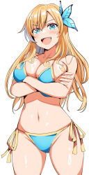 1girl arms_under_breasts belko bikini blonde_hair blue_bikini blue_eyes boku_wa_tomodachi_ga_sukunai breasts butterfly_hair_ornament cleavage crossed_arms groin hair_ornament highres kashiwazaki_sena large_breasts long_hair looking_at_viewer navel open_mouth side-tie_bikini_bottom simple_background stomach swimsuit teeth thick_thighs thighs upper_teeth_only white_background wide_hips
