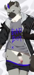 1boy absurdres agitong arknights bad_id bad_twitter_id black_hair black_jacket black_male_underwear boxer censored claws ear_piercing english_text eyebrow_piercing fingerless_gloves furry furry_male gloves grey_fur grey_shirt highres jacket looking_at_viewer lying male_focus male_pubic_hair male_underwear multicolored_hair on_bed open_mouth penis piercing pubic_hair shirt spot_(arknights) spotted_fur streaked_hair underwear
