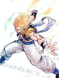 Rule 34 | 1boy, black vest, blonde hair, blue sash, cropped vest, dragon ball, dragonball z, energy ball, gogeta, green eyes, halo, ham5037, highres, male focus, metamoran vest, open clothes, open vest, sash, simple background, solo, standing, super saiyan, super saiyan 1, vest, white background