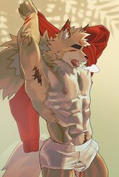 1boy abs absurdres animal_ears armpit_hair armpits bara bulge closed_eyes commentary fangs fox_boy fox_ears fox_tail furry furry_male highres inari_(housamo) male_focus male_underwear muscular muscular_male nipples open_mouth pectorals red_sweater stretching sweater tail tokyo_houkago_summoners topless_male underwear undressing wasp_(anthyutena) white_male_underwear yawning