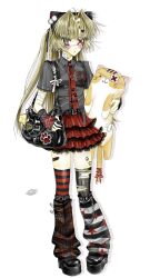 1girl bag bandaged_arm bandages blonde_hair blush eyepatch goth_fashion highres leg_warmers long_hair mlsn necktie original shirt shoulder_bag skirt stuffed_animal stuffed_toy thighhighs very_long_hair visual_kei