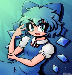 1girl arm_up blue_background blue_bow blue_dress blue_eyes blue_hair bow charlywinds cirno commentary crystal_wings dress dress_over_shirt english_commentary eyeliner gradient_background gradient_hair green_background green_hair grin highres looking_at_viewer makeup messy_hair multicolored_hair neck_ribbon puffy_short_sleeves puffy_sleeves radial_gradient_background red_ribbon ribbon shirt short_hair short_sleeves sleeveless sleeveless_dress smile solo swept_bangs teeth touhou upper_body upper_teeth_only v v-shaped_eyebrows white_shirt