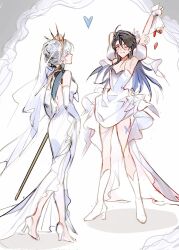 2girls alternate_costume alternate_hairstyle arm_behind_head arm_up black_hair blue_hair bouquet bridal_veil bronya_rand butterfly_tattoo crown detached_sleeves dress flower gloves grey_hair high_heels highres holding holding_bouquet honkai:_star_rail honkai_(series) leg_tattoo long_dress long_hair mie_xing multicolored_hair multiple_girls one_eye_closed puffy_short_sleeves puffy_sleeves seele_(honkai:_star_rail) shoes short_sleeves tattoo two-tone_hair veil white_dress white_gloves white_shoes