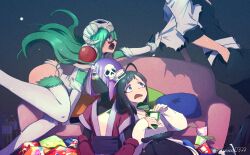 2boys 2girls antenna_hair ass black_hair black_pants bleach bleach:_sennen_kessen-hen blue_eyes blunt_bangs blunt_ends brown_eyes clothes_grab commentary_request couch cup disposable_cup facial_mark feet_out_of_frame fingerless_gloves floating_hair frown fur-trimmed_thighhighs fur_trim giselle_gewelle gloves green_hair grimmjow_jaegerjaquez hair_ornament hat holding holding_cup indoors katen_kyoukotsu long_hair long_sleeves looking_at_another looking_up mini_hat multiple_boys multiple_girls nelliel_tu_odelschwanck on_couch open_mouth pants profile purple_hair shirt shirt_grab short_hair simple_background sitting skull_hair_ornament skull_on_head sleeves_past_wrists sleeves_rolled_up snack soraao0322 standing thighhighs trap twitter_username upper_body white_gloves white_hat white_shirt white_thighhighs wide-eyed