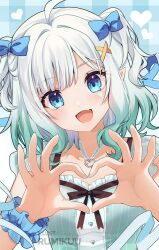 Rule 34 | 1girl, aqua dress, aqua hair, artist name, blue background, blue bow, blue eyes, blue ribbon, bow, dress, gradient hair, heart, heart hands, heart necklace, indie virtual youtuber, jewelry, k-rumi, looking at viewer, medium hair, mint fantome, mint fantome (minto 2.0), multicolored hair, necklace, ribbon, solo, two side up, upper body, virtual youtuber, white hair