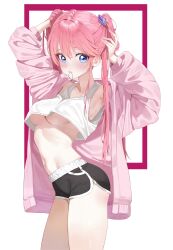 1girl absurdres armpits arms_up bare_shoulders black_shorts blue_eyes breasts cowboy_shot crop_top crop_top_overhang dolphin_shorts hair_ornament hair_tie_in_mouth highres jacket long_hair long_sleeves looking_at_viewer medium_breasts midriff mouth_hold navel off_shoulder open_clothes open_jacket pink_hair pink_jacket reachisang shirt shiunji-ke_no_kodomotachi shiunji_ouka short_shorts shorts sleeveless sleeveless_shirt solo stomach tank_top thighs twintails underboob white_background white_shirt