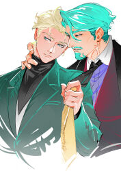 2boys beard black_shirt blonde_hair blue_eyes challia_bull char_aznable clothes_grab collared_shirt facial_hair green_eyes green_hair green_jacket gundam gundam_gquuuuuux hair_slicked_back highres jacket long_sleeves male_focus multiple_boys mustache necktie necktie_grab neckwear_grab nomaumona shirouzu_(gundam) shirt short_hair simple_background turtleneck white_background yaoi