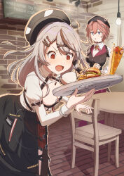 2girls @_@ absurdres alternate_costume apron belt beret black_apron black_choker black_hair black_headwear blue_eyes breasts burger cafe chair choker cleavage clumsy coffee_mug commentary cup drinking_glass earrings flying_sweatdrops food french_fries grey_hair hair_ornament hairclip hands_up hat head_wings highres holding holding_tray hololive jewelry jitome juliet_sleeves large_breasts light_blush light_bulb long_sleeves medium_hair menu_board mug multicolored_hair multiple_belts multiple_earrings multiple_girls oki_no_fuji open_mouth pink_hair plaid_clothes plaid_skirt puffy_sleeves red_eyes red_skirt sakamata_chloe short_hair skirt standing streaked_hair table takane_lui tray virtual_youtuber waist_apron waitress wavy_mouth wings x_hair_ornament