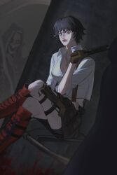 Rule 34 | 1girl, absurdres, black hair, boots, brown gloves, crossed legs, demon, devil may cry, devil may cry (series), devil may cry 3, gloves, green eyes, gun, handgun, heterochromia, highres, holding, holding gun, holding weapon, jewelry, lady (devil may cry), midriff, necklace, red eyes, shirt, sitting, weapon, white shirt, yeo baek