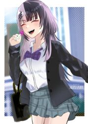 Rule 34 | 1girl, alexaniel, artist name, bag, black hair, black jacket, bow, bowtie, candy, closed eyes, collared shirt, commentary, english commentary, food, grey hair, grey skirt, holding, holding candy, holding food, holding lollipop, hololive, hololive english, jacket, lollipop, multicolored hair, open mouth, purple bow, purple bowtie, school bag, shiori novella, shirt, skirt, solo, split-color hair, teeth, two-tone hair, virtual youtuber, white shirt