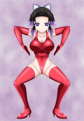 1girl absurdres barefoot black_hair boots bowlegged_pose butterfly_hair_ornament cameltoe closed_eyes corruption covered_navel gloved_sleeves gluteal_fold haigure_pose hair_ornament high_heels highleg highleg_leotard highres kimetsu_no_yaiba kochou_shinobu latex latex_leotard leotard looking_at_viewer mind_control multicolored_hair parted_bangs purple_hair red_leotard sansiki_high_gle short_hair solo thigh_boots v-shaped_eyebrows