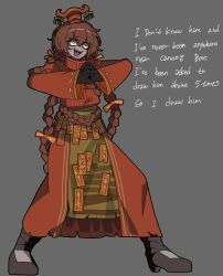 1boy absurdres black_gloves braid brown_hair chinese_clothes colored_skin dark-skinned_male dark_skin english_text full_body gloves grey_background grey_skin highres holding kekeken limbus_company long_hair male_focus ofuda open_mouth own_hands_clasped own_hands_together project_moon red_shirt shirt simple_background solo standing tongue tongue_out twin_braids xue_pan_(project_moon) yellow_eyes