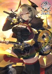 Rule 34 | 1girl, black gloves, black horns, black thighhighs, caesar king (zenless zone zero), cowboy shot, fur-trimmed jacket, fur trim, gloves, green hair, hair intakes, hair ornament, highres, holding, holding shield, holding sword, holding weapon, horns, jacket, looking at viewer, matsumoto tomoyohi, motor vehicle, motorcycle, shield, smile, solo, sword, thighhighs, weapon, yellow eyes, zenless zone zero