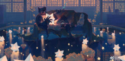 Rule 34 | 1boy, animal collar, animal ears, black boots, black collar, black gloves, black jacket, black pants, blue eyes, boots, buckle, changpao, chinese clothes, chinese commentary, claws, closed mouth, collar, commentary request, commission, crossed legs, dark, drawer, eyepatch, full body, gloves, gold buckle, hat, highres, holding, holding smoking pipe, holding star, jacket, lace-up boots, long sleeves, looking at object, male focus, open clothes, open jacket, original, oversized object, pants, peaked cap, pillow, rottencrow, sample watermark, shadow, shirt, sitting, smoke, smoking pipe, solo, star (symbol), vase, watermark, weibo watermark, white hat, white shirt, wolf ears, wooden floor