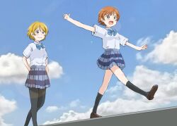 2girls arms_behind_back black_pantyhose black_socks blonde_hair blue_bow blue_bowtie blue_skirt bow bowtie cloud cloudy_sky day hashtag-only_commentary highres hoshizora_rin koizumi_hanayo love_live! love_live!_school_idol_project maruyo multiple_girls open_mouth otonokizaka_school_uniform outdoors outstretched_arms pantyhose red_hair school_uniform shirt short_hair skirt sky socks spread_arms walking white_shirt