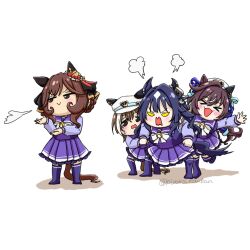 &gt;_&lt; 4girls :&gt; angry animal_ears blue_hair blue_ribbon blush bow bowtie braid braided_hair_rings brown_hair cheval_grand_(umamusume) commentary ear_covers ears_through_headwear facing_viewer gentildonna_(umamusume) grey_eyes hair_between_eyes hair_ribbon hair_rings hat hat_belt heart_ear_ornament highres horse_ears horse_girl horseshoe_ornament long_hair long_sleeves looking_to_the_side mole mole_under_eye multicolored_hair multiple_girls no_shoes outstretched_arms peaked_cap piyoko_kankan pleated_skirt purple_serafuku purple_shirt purple_skirt purple_thighhighs ribbon sailor_collar sailor_shirt school_uniform serafuku shirt siblings simple_background single_ear_cover sisters skirt streaked_hair thighhighs tracen_school_uniform twintails twitter_username umamusume v_sisters verxina_(umamusume) vivlos_(umamusume) white_background white_bow white_bowtie white_hair white_hat