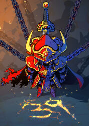 Rule 34 | anniversary, armor, azito7, blue armor, cape, chain, commentary request, crack, cracked floor, dragon quest, erdrick&#039;s helmet, erdrick&#039;s sword, fake horns, from above, gem, gold trim, greaves, helmet, highres, horned helmet, horns, no humans, object focus, red armor, red gemstone, roto&#039;s emblem, rust, torn cape, torn clothes, two-tone armor, unworn armor, yellow horns
