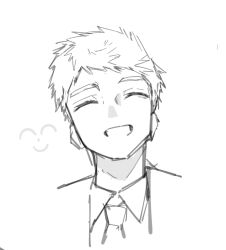 1boy blue_archive blue_eyes closed_eyes doodle_sensei_(blue_archive) jacket looking_at_viewer male_sensei_(blue_archive) monochrome necktie sensei_(blue_archive) shirt short_hair simple_background smile solo upper_body vivo_(vivo_sun_0222) white_background white_jacket white_shirt