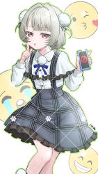 1girl blue_ribbon capelet cellphone collared_shirt commentary_request e75qngy74777701 emoji feet_out_of_frame finger_to_cheek frilled_capelet frilled_skirt frills green_outline hair_intakes hair_ornament highres holding holding_phone long_sleeves neck_ribbon o_henji_madakana_ojisan_koubun_(voisona) outline parted_lips paw_print phone plaid_clothes plaid_skirt pom_pom_(clothes) pom_pom_hair_ornament red_eyes ribbon shirt short_hair skirt smartphone solo two_side_up ui_(voisona) voisona watermark watermark_grid white_background white_capelet white_shirt